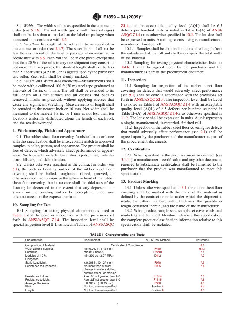 ASTM F1859-04(2009)e1 - Standard Specification for Rubber Sheet Floor Covering Without Backing