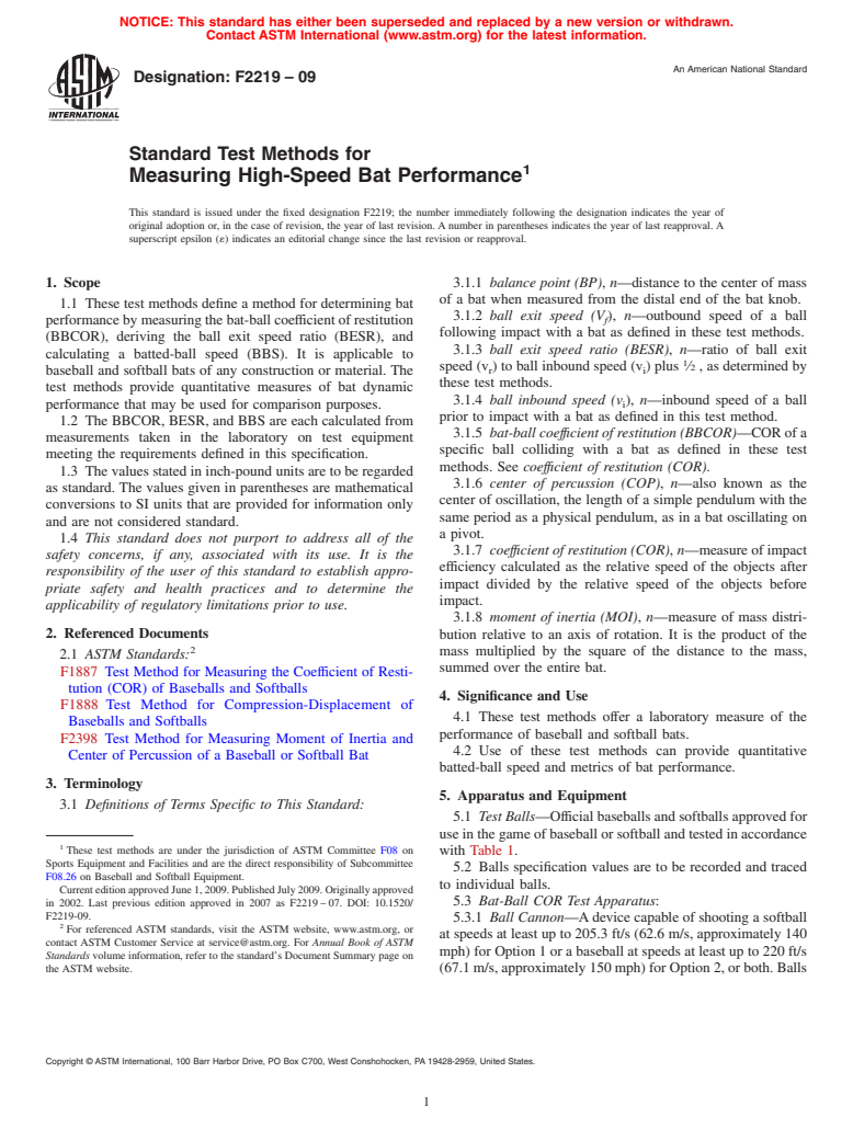 ASTM F2219-09 - Standard Test Methods for Measuring High-Speed Bat Performance