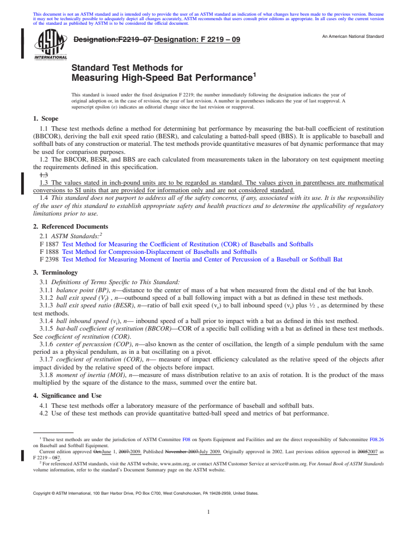 REDLINE ASTM F2219-09 - Standard Test Methods for Measuring High-Speed Bat Performance