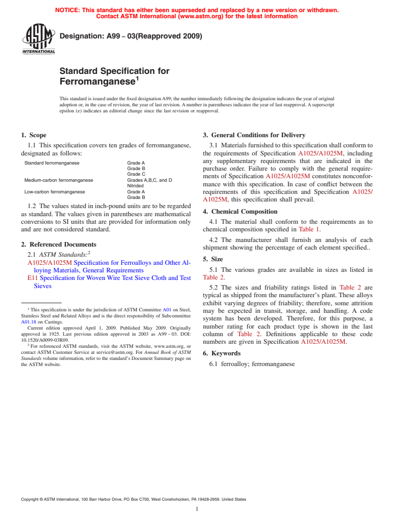 ASTM A99-03(2009) - Standard Specification for Ferromanganese