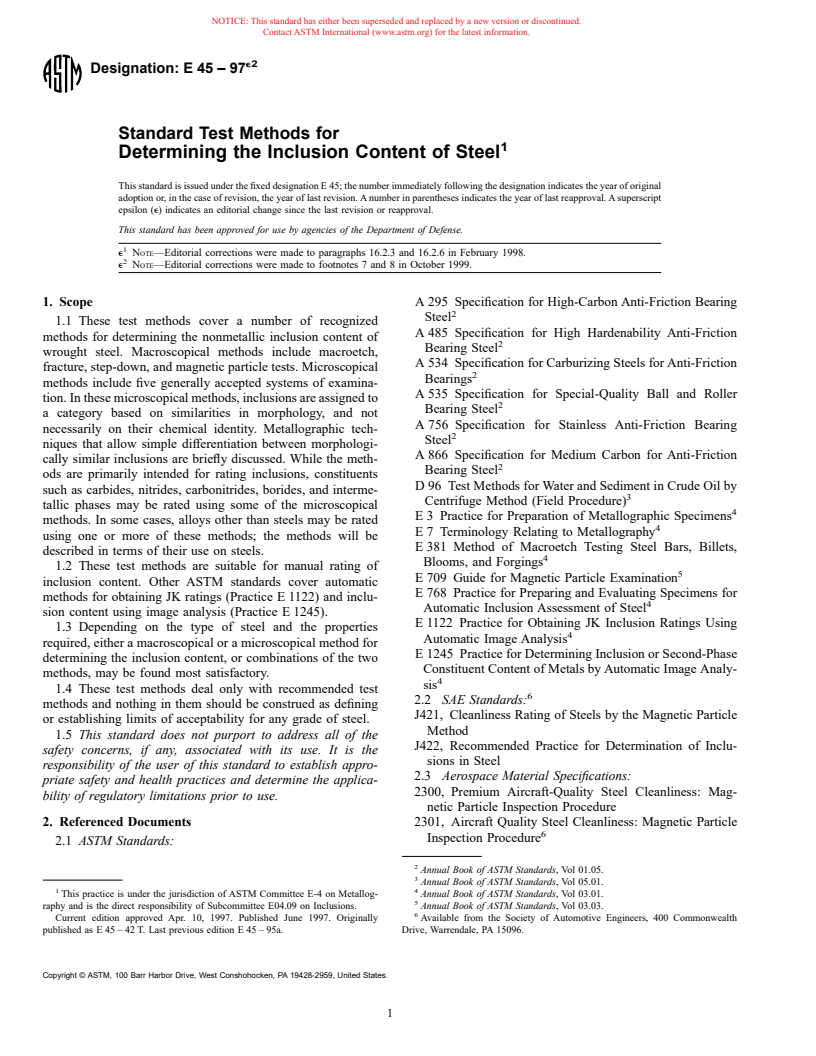 ASTM E45-97e2 - Standard Test Methods for Determining the Inclusion Content of Steel