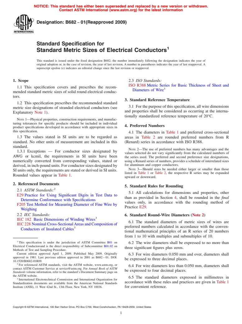 ASTM B682-01(2009) - Standard Specification for Standard Metric Sizes of Electrical Conductors