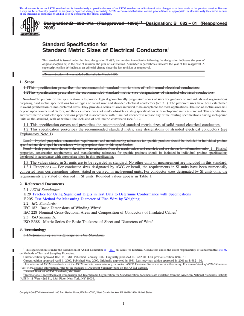 REDLINE ASTM B682-01(2009) - Standard Specification for Standard Metric Sizes of Electrical Conductors