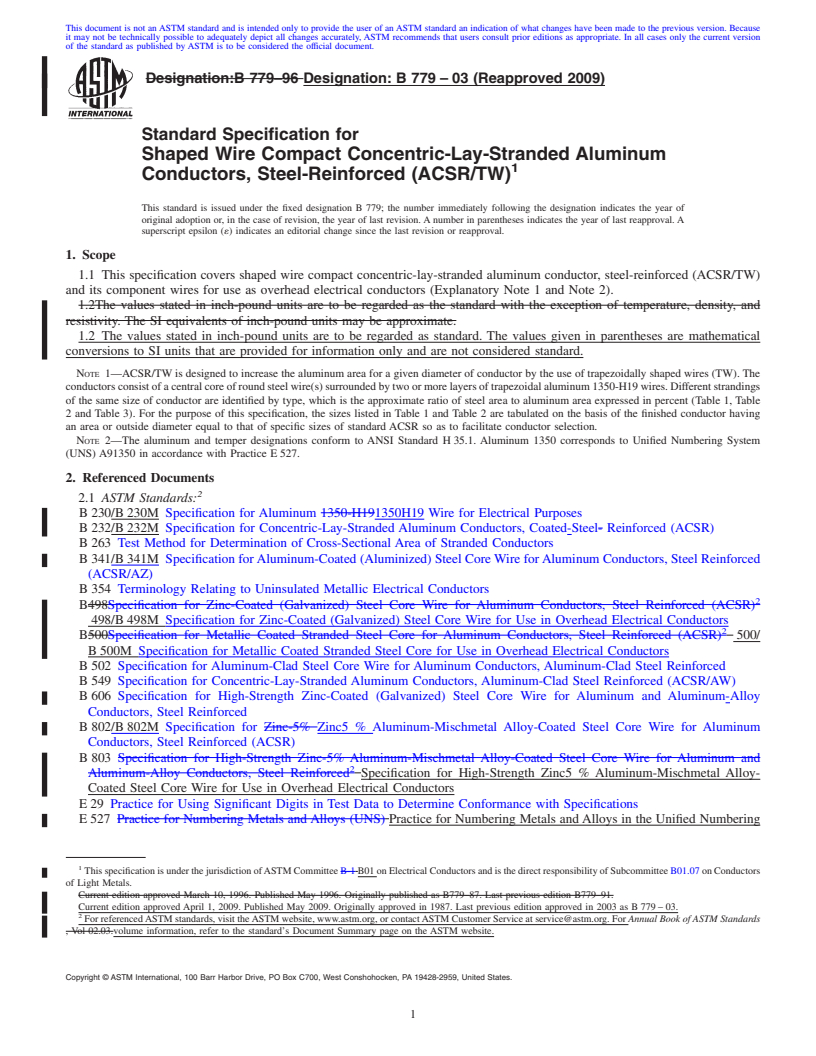 REDLINE ASTM B779-03(2009) - Standard Specification for Shaped Wire Compact Concentric-Lay-Stranded Aluminum Conductors, Steel-Reinforced (ACSR/TW)