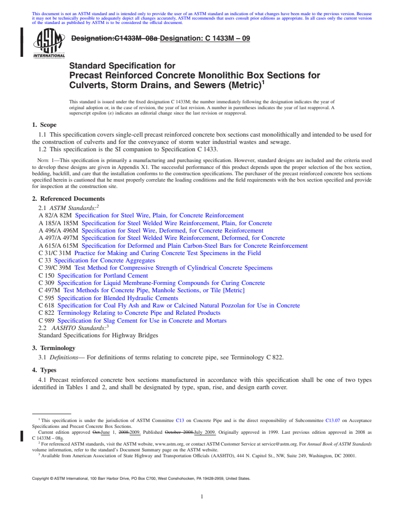 REDLINE ASTM C1433M-09 - Standard Specification for Precast Reinforced Concrete Monolithic Box Sections for Culverts, Storm Drains, and Sewers (Metric)