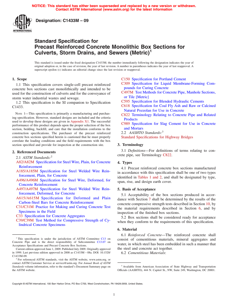 ASTM C1433M-09 - Standard Specification for Precast Reinforced Concrete Monolithic Box Sections for Culverts, Storm Drains, and Sewers (Metric)