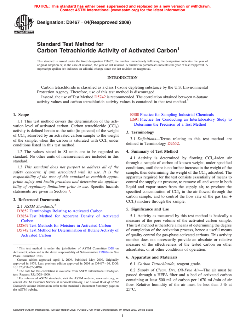 ASTM D3467-04(2009) - Standard Test Method for Carbon Tetrachloride Activity of Activated Carbon