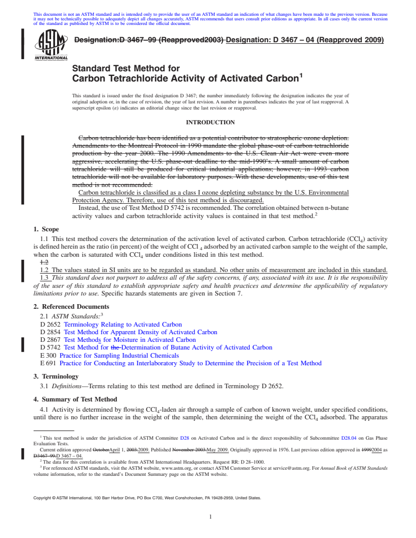REDLINE ASTM D3467-04(2009) - Standard Test Method for Carbon Tetrachloride Activity of Activated Carbon