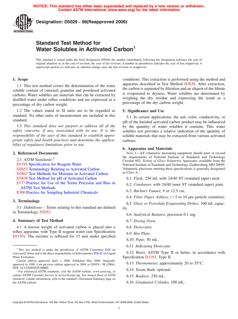 ASTM D5029-98(2009) - Standard Test Method for Water Solubles in Activated Carbon