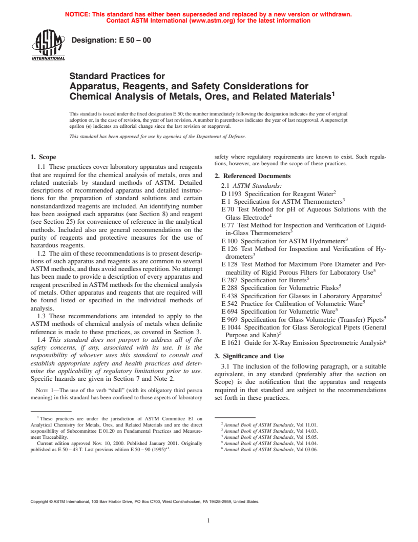 ASTM E50-00 - Standard Practices for Apparatus, Reagents, and Safety Considerations for Chemical Analysis of Metals, Ores, and Related Materials