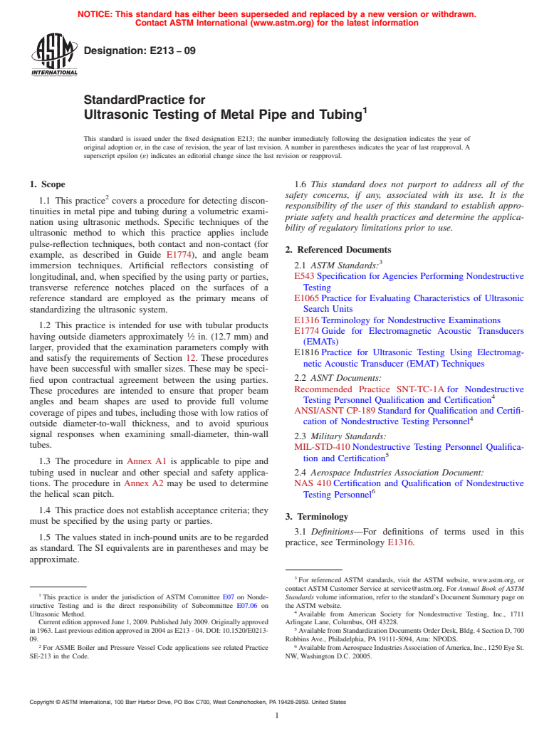 ASTM E213-09 - Standard Practice for  Ultrasonic Testing of Metal Pipe and Tubing