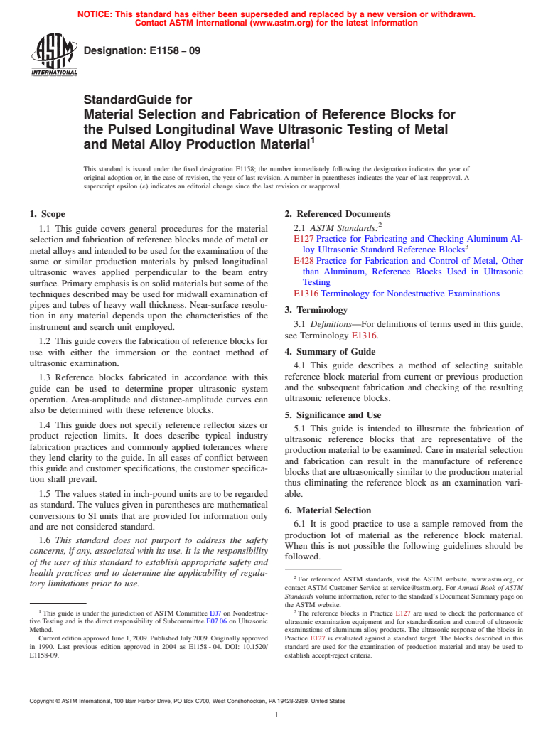 ASTM E1158-09 - Standard Guide for Material Selection and Fabrication of Reference Blocks for the Pulsed Longitudinal Wave Ultrasonic Testing of Metal and Metal Alloy Production Material