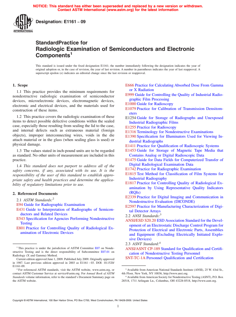 ASTM E1161-09 - Standard Practice for Radiologic Examination of Semiconductors and Electronic Components