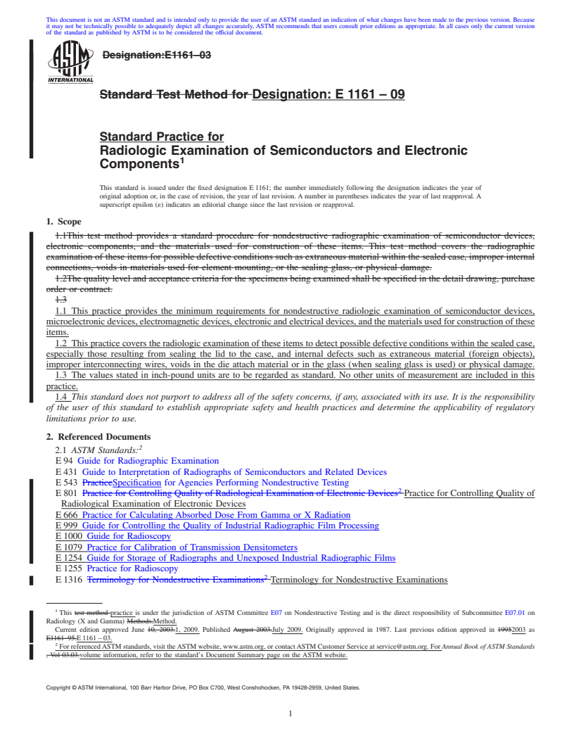 REDLINE ASTM E1161-09 - Standard Practice for Radiologic Examination of Semiconductors and Electronic Components