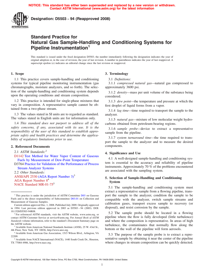 ASTM D5503-94(2008) - Standard Practice for Natural Gas Sample-Handling and Conditioning Systems for Pipeline Instrumentation (Withdrawn 2017)