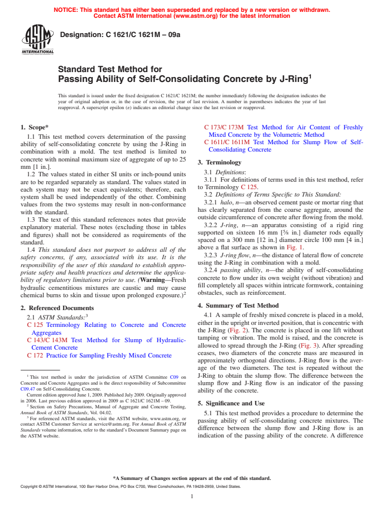 ASTM C1621/C1621M-09a - Standard Test Method for Passing Ability of Self-Consolidating Concrete by J-Ring