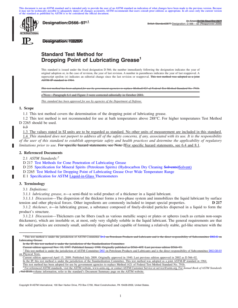 REDLINE ASTM D566-02(2009) - Standard Test Method for Dropping Point of Lubricating Grease