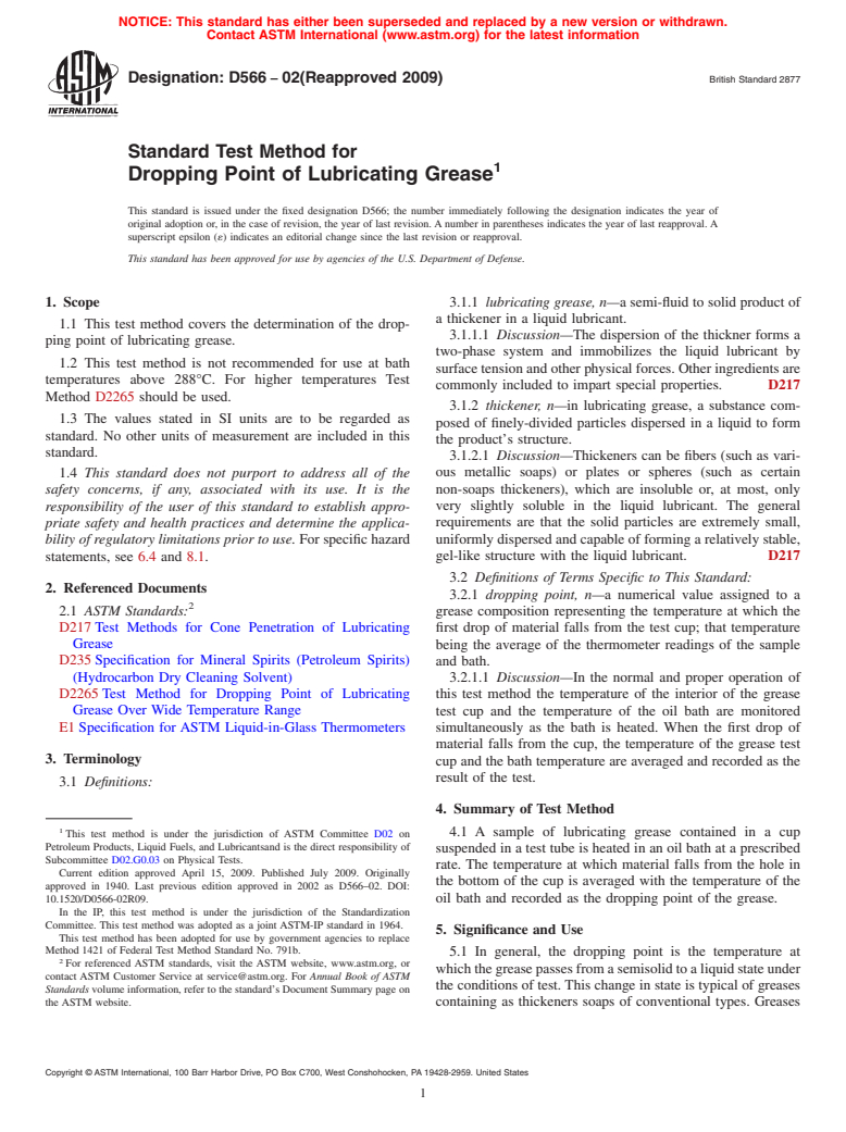 ASTM D566-02(2009) - Standard Test Method for Dropping Point of Lubricating Grease