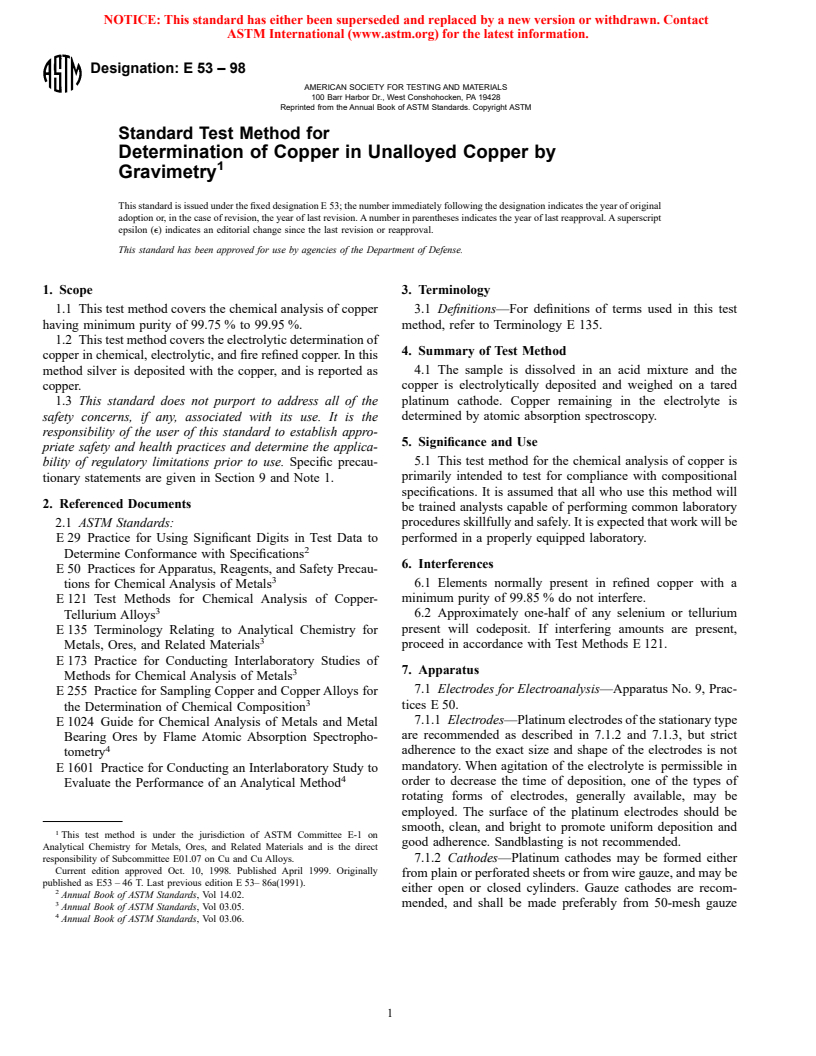 ASTM E53-98 - Standard Test Method for Determination of Copper in Unalloyed Copper by Gravimetry