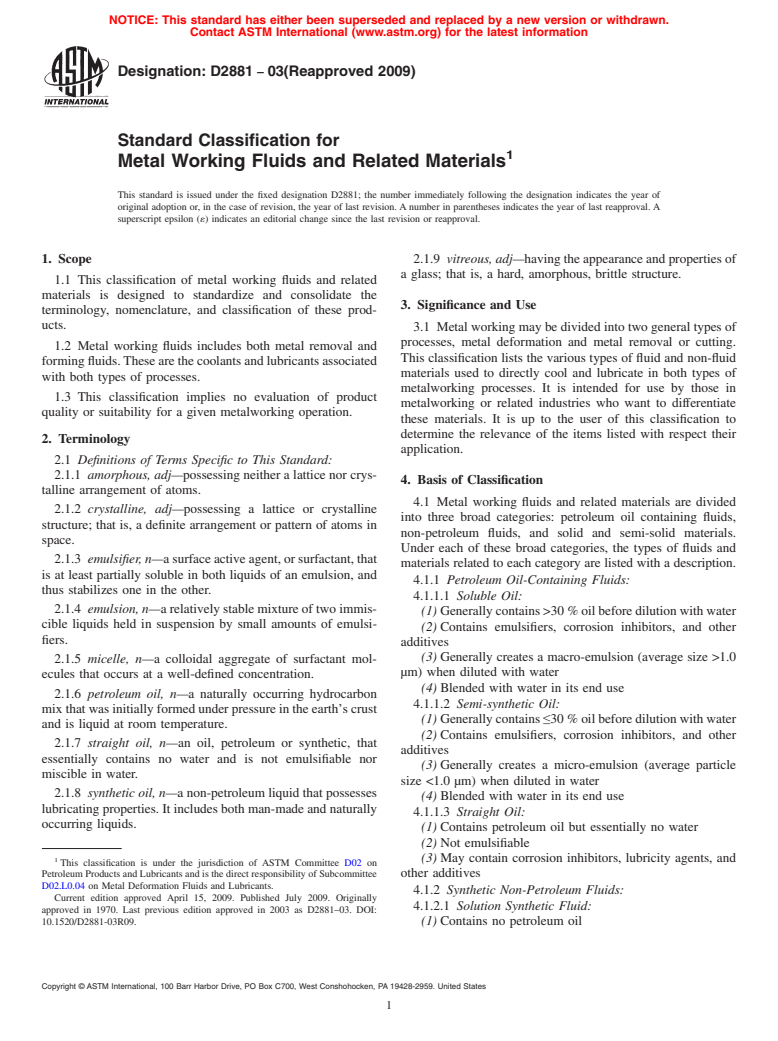 ASTM D2881-03(2009) - Standard Classification for Metal Working Fluids and Related Materials