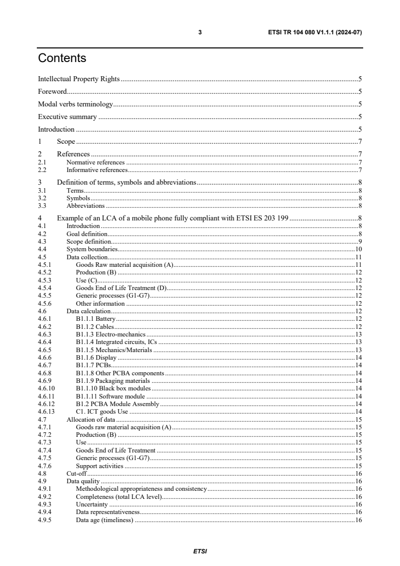 ETSI TR 104 080 V1.1.1 (2024-07) - Environmental Engineering (EE); Example of a Life Cycle Assessment (LCA) of a mobile phone