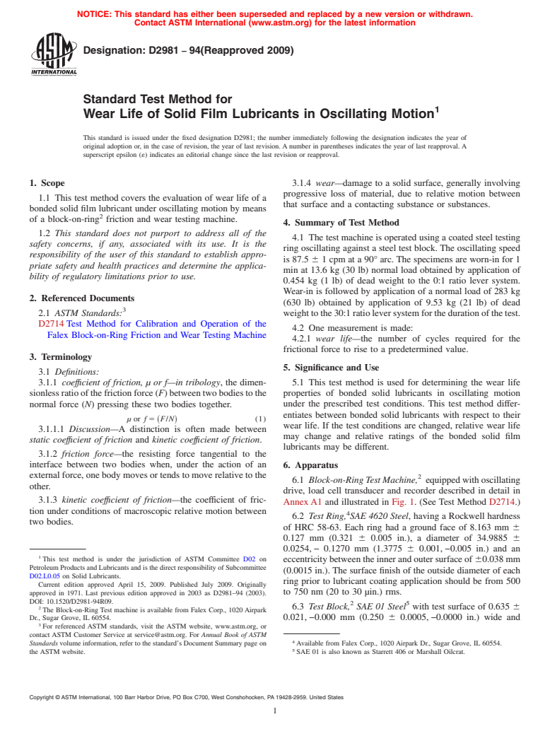 ASTM D2981-94(2009) - Standard Test Method for Wear Life of Solid Film Lubricants in Oscillating Motion