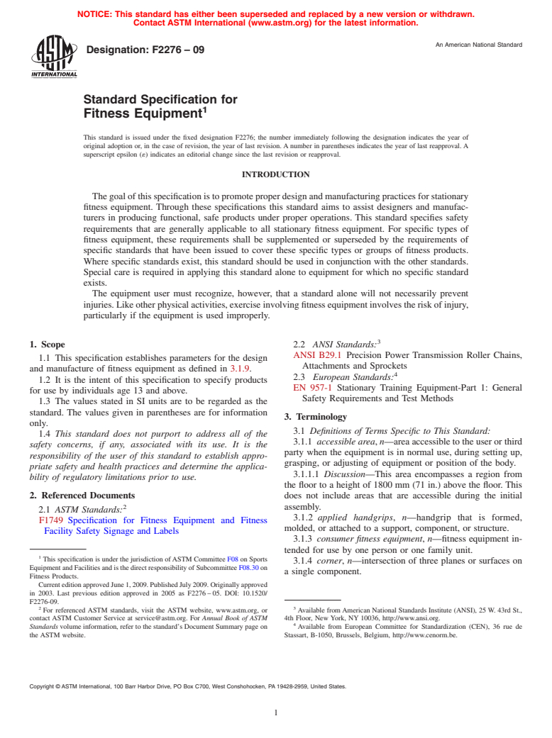 ASTM F2276-09 - Standard Specification for Fitness Equipment