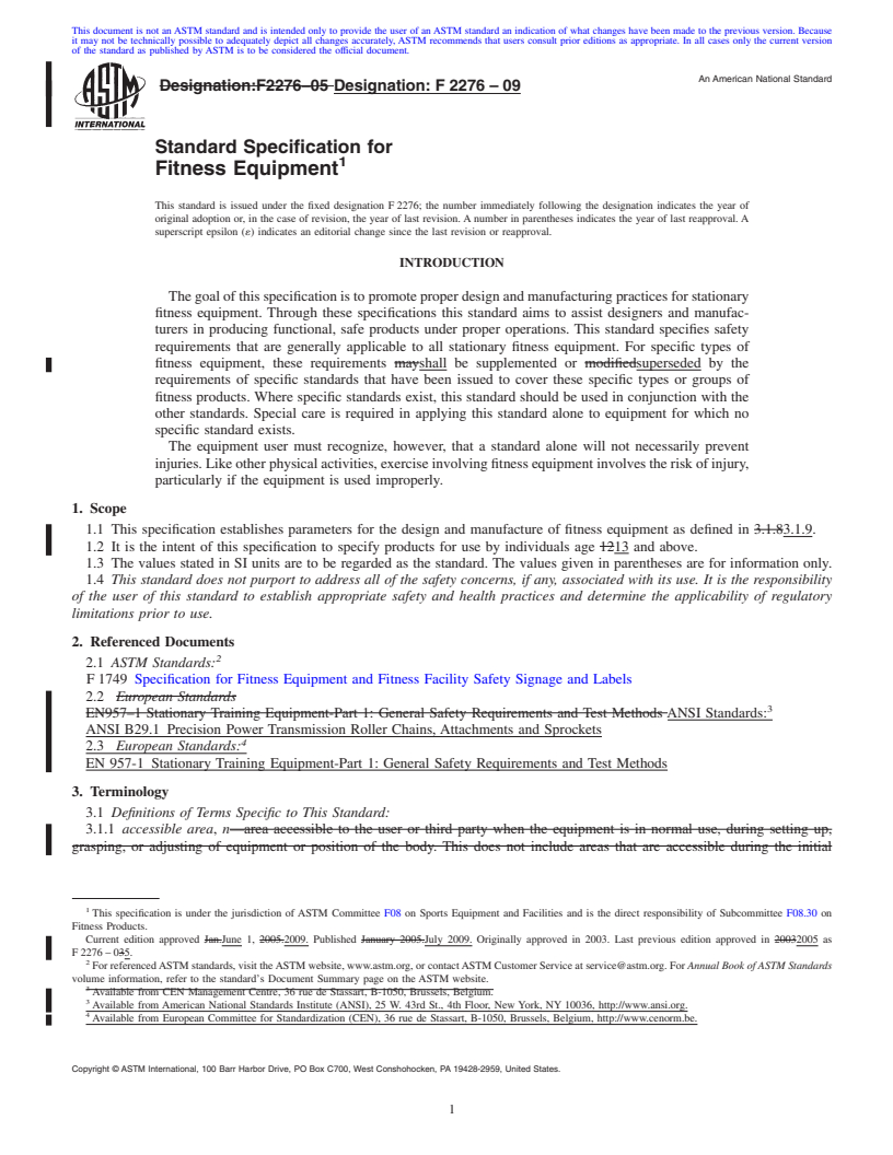 REDLINE ASTM F2276-09 - Standard Specification for Fitness Equipment