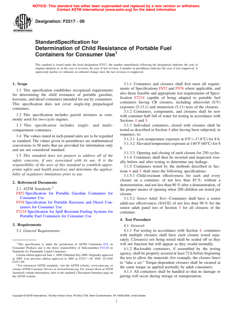 ASTM F2517-09 - Standard Specification for Determination of Child Resistance of Portable Fuel Containers for Consumer Use