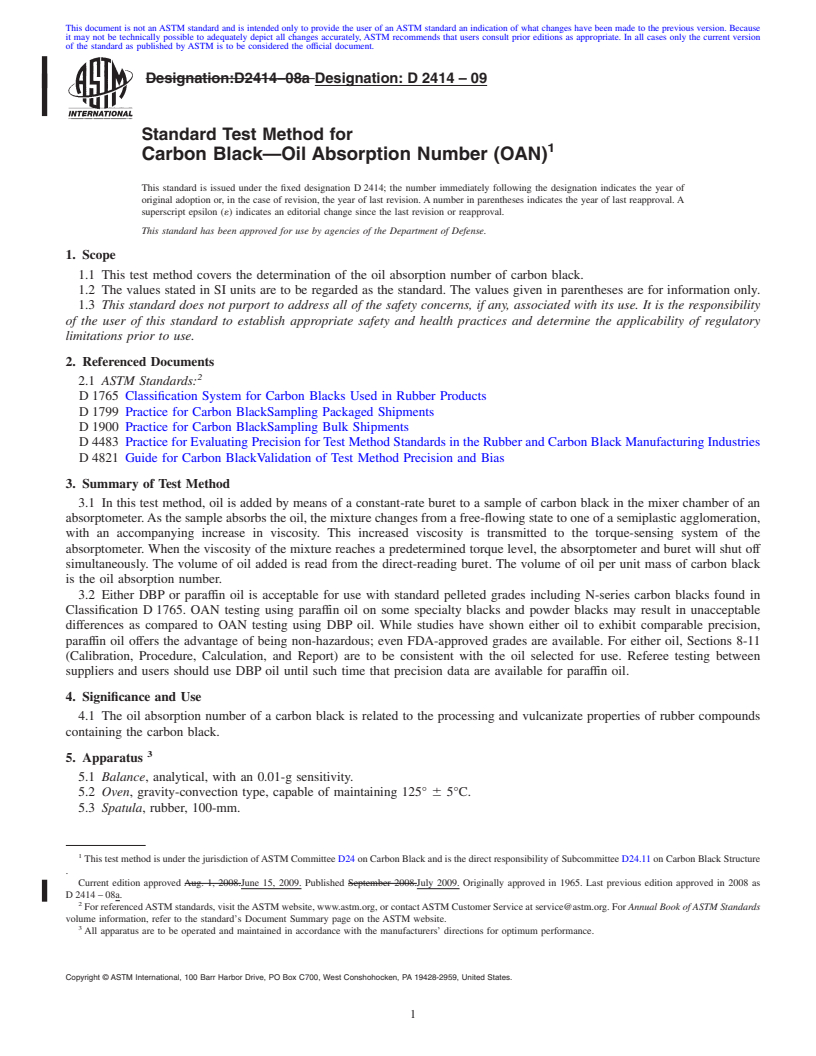 REDLINE ASTM D2414-09 - Standard Test Method for  Carbon Black<span class='unicode'>&#x2014;</span>Oil Absorption Number (OAN)