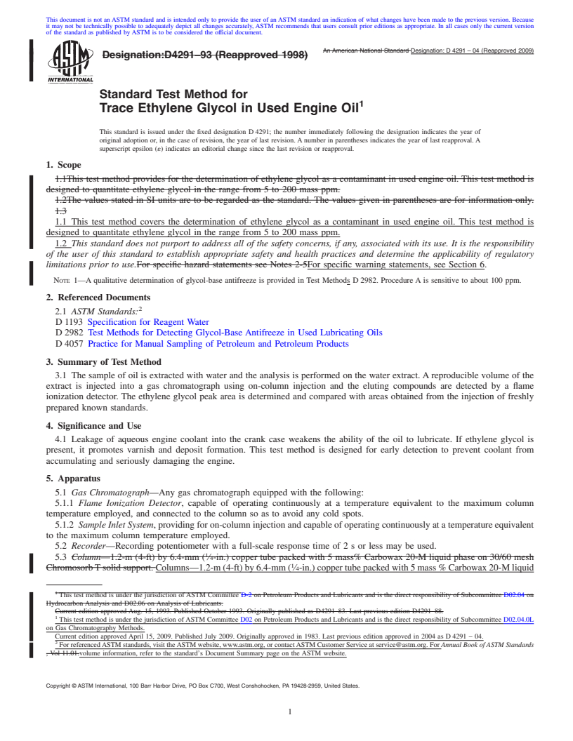 REDLINE ASTM D4291-04(2009) - Standard Test Method for Trace Ethylene Glycol in Used Engine Oil