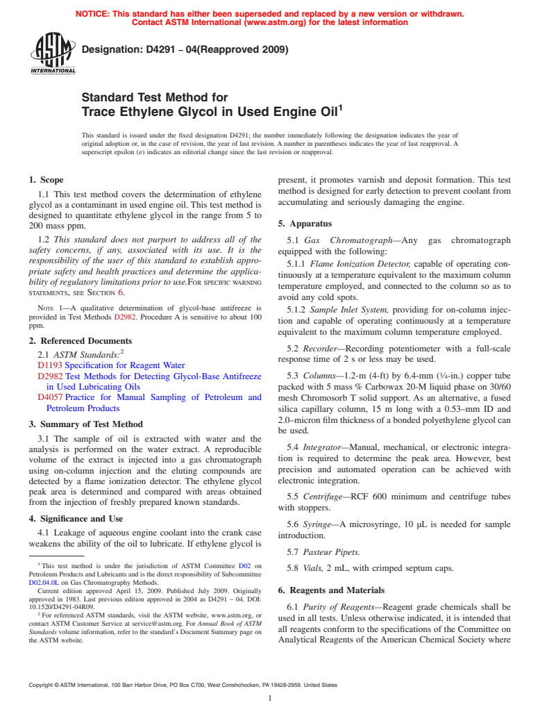 ASTM D4291-04(2009) - Standard Test Method for Trace Ethylene Glycol in Used Engine Oil