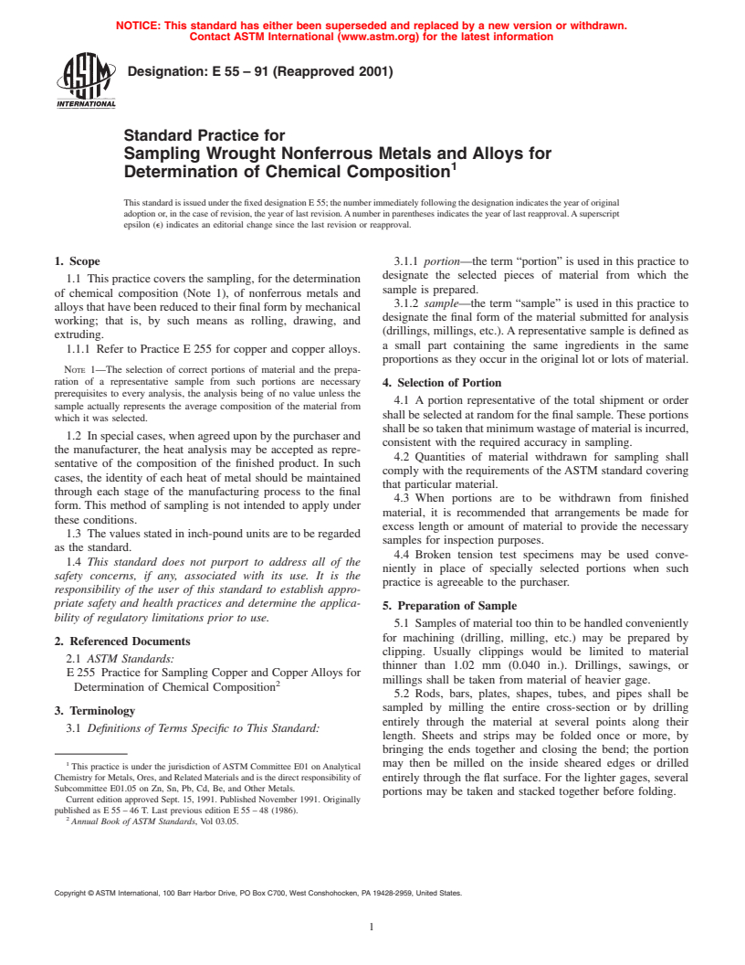 ASTM E55-91(2001) - Standard Practice for Sampling Wrought Nonferrous Metals and Alloys for Determination of Chemical Composition