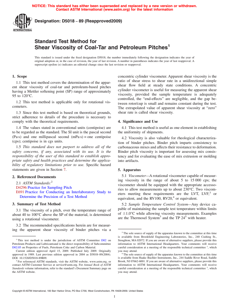 ASTM D5018-89(2009) - Standard Test Method for Shear Viscosity of Coal-Tar and Petroleum Pitches