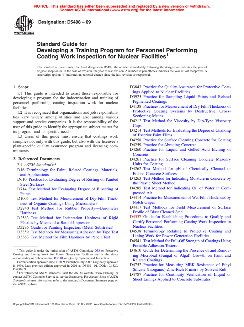 ASTM D5498-09 - Standard Guide for  Developing a Training Program for Personnel Performing Coating Work Inspection for Nuclear  Facilities