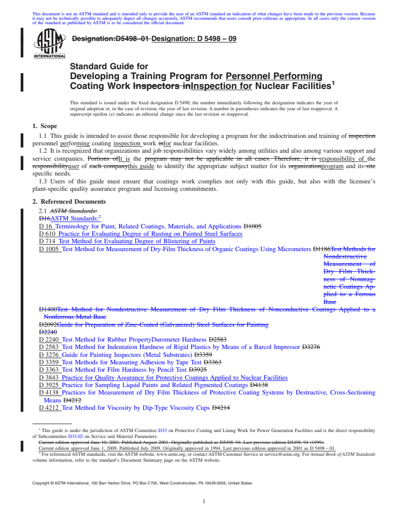 REDLINE ASTM D5498-09 - Standard Guide for  Developing a Training Program for Personnel Performing Coating Work Inspection for Nuclear  Facilities