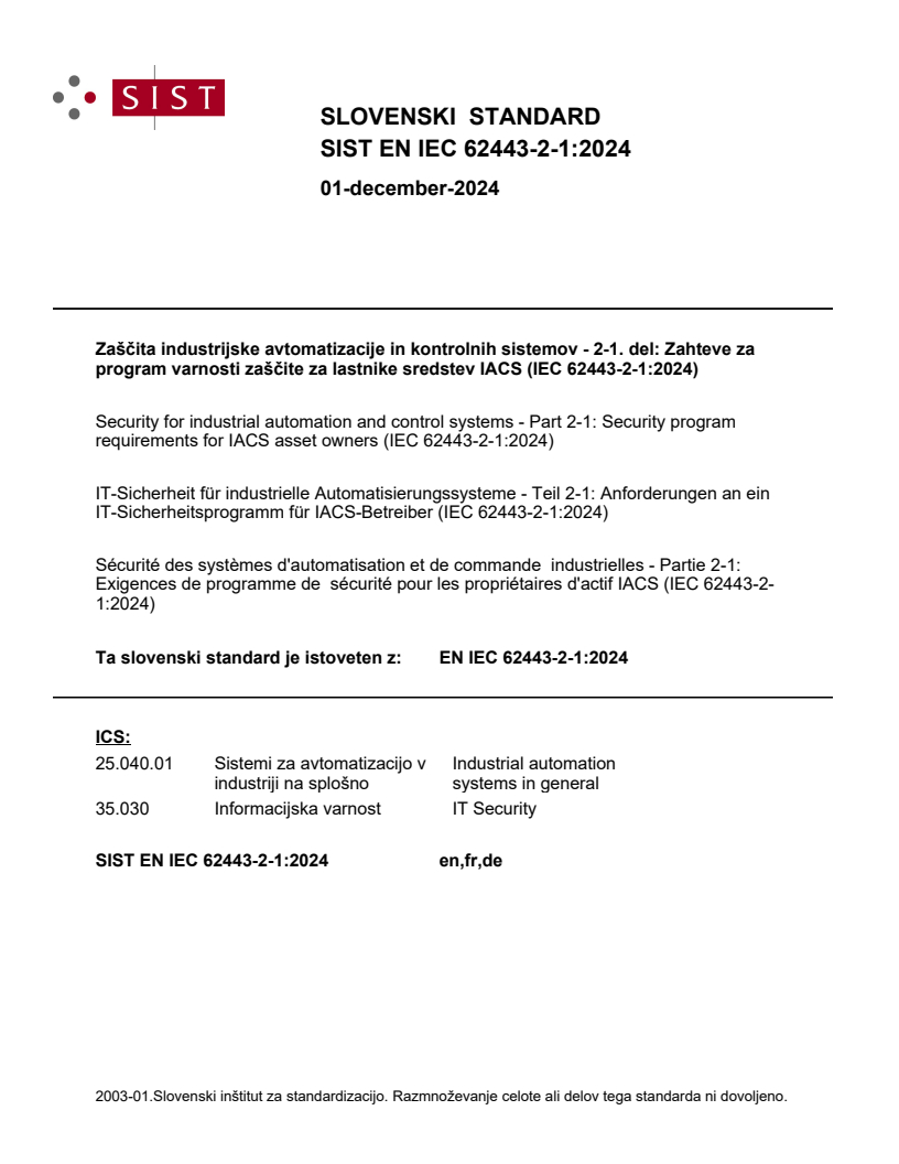 EN IEC 62443-2-1:2024 - BARVE