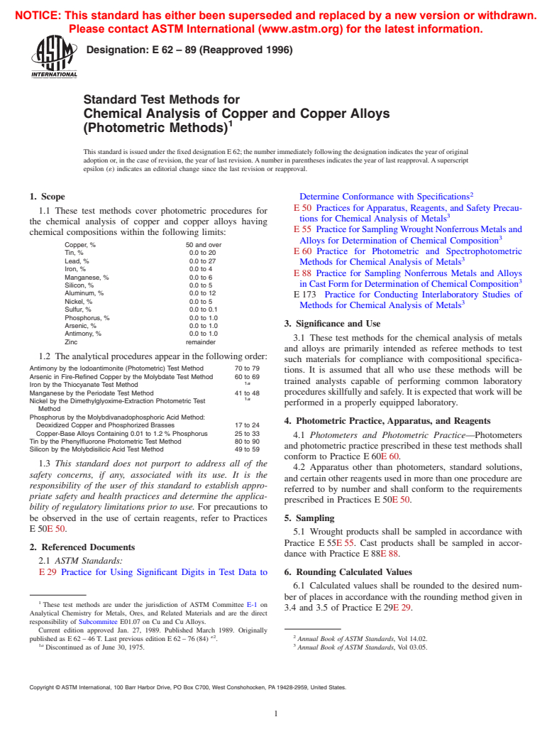 ASTM E62-89(1996) - Standard Test Methods for Chemical Analysis of Copper and Copper Alloys (Photometric Methods)