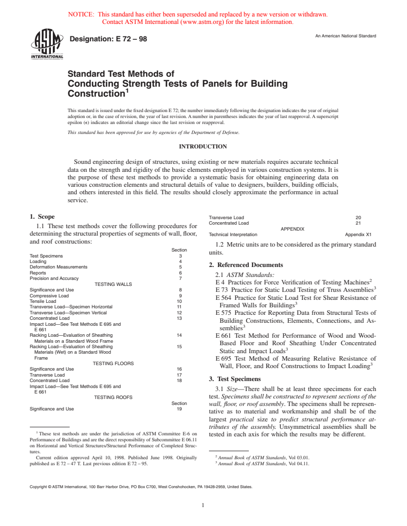 ASTM E72-98 - Standard Test Methods of Conducting Strength Tests of Panels for Building Construction