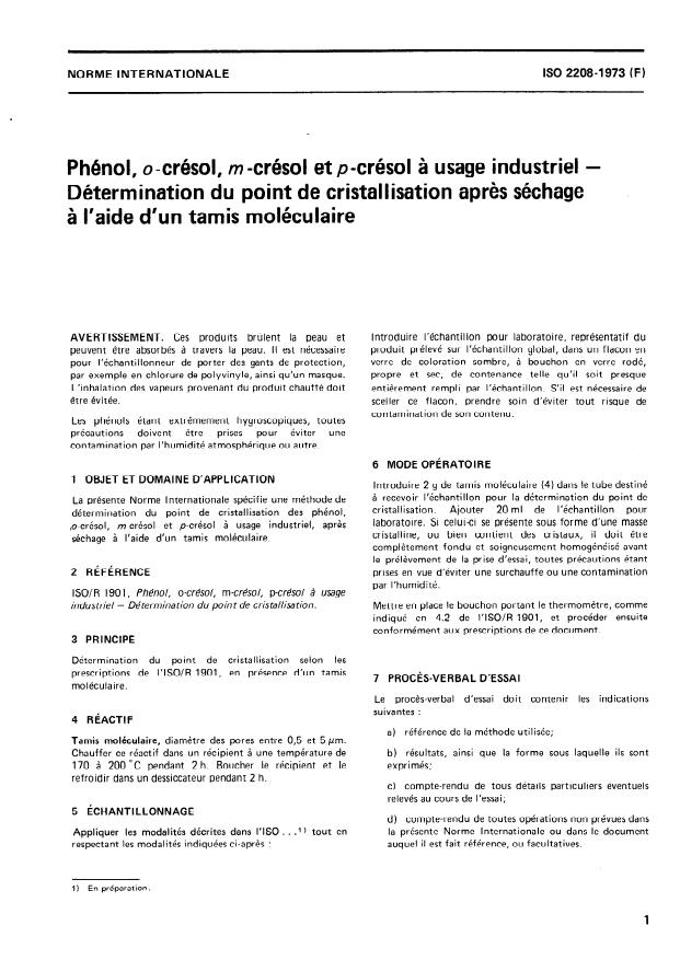 ISO 2208:1973 - Phénol, o-crésol, m-crésol et p-crésol a usage industriel -- Détermination du point de cristallisation apres séchage a l'aide d'un tamis moléculaire