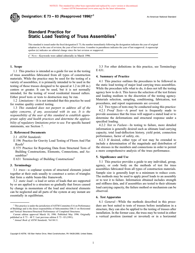 ASTM E73-83(1996)e1 - Standard Practice for Static Load Testing of Truss Assemblies