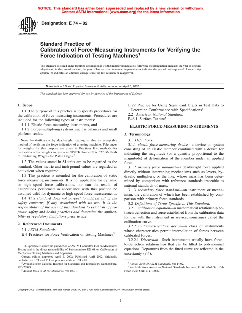 ASTM E74-02 - Standard Practice of Calibration of Force-Measuring Instruments for Verifying the Force Indication of Testing Machines