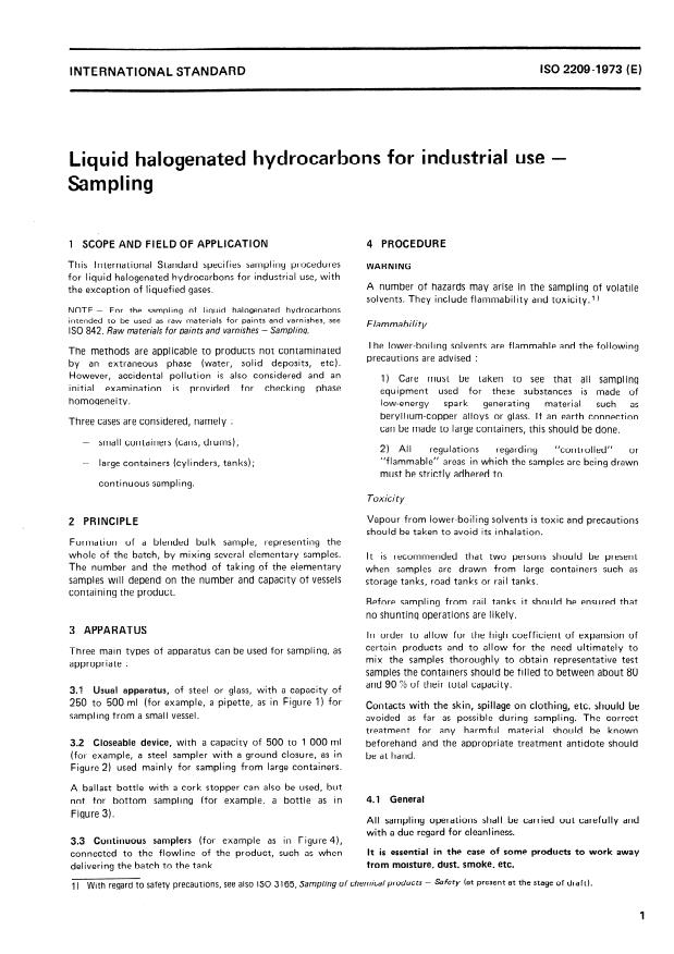 ISO 2209:1973 - Liquid halogenated hydrocarbons for industrial use -- Sampling
