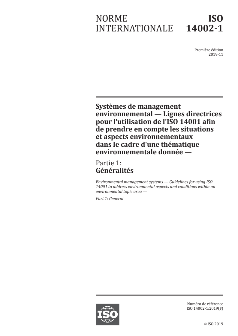 ISO 14002-1:2019 - Systèmes de management environnemental — Lignes directrices pour l'utilisation de l'ISO 14001 afin de prendre en compte les situations et aspects environnementaux dans le cadre d'une thématique environnementale donnée — Partie 1: Généralités
Released:9/25/2020