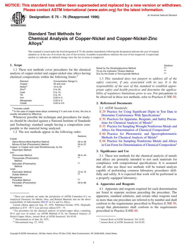 ASTM E75-76(1996) - Standard Test Methods for Chemical Analysis of Copper-Nickel and Copper-Nickel-Zinc Alloys