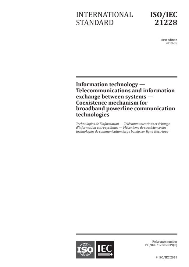 ISO/IEC 21228:2019 - Information technology -- Telecommunications and information exchange between systems -- Coexistence mechanism for broadband powerline communication technologies