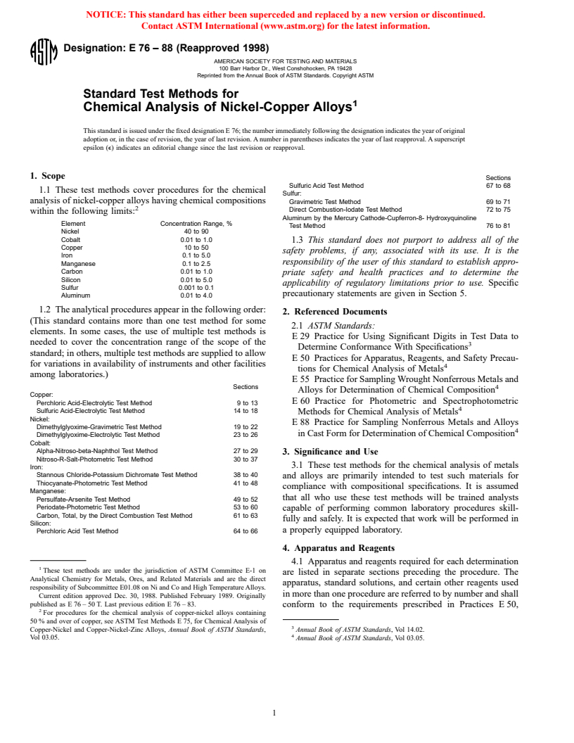 ASTM E76-88(1998) - Standard Test Methods for Chemical Analysis of Nickel-Copper Alloys (Withdrawn 2003)