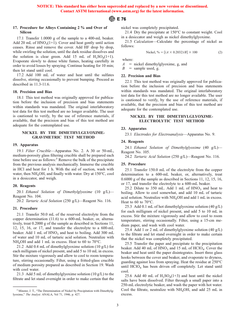 ASTM E76-88(1998) - Standard Test Methods for Chemical Analysis of Nickel-Copper Alloys (Withdrawn 2003)