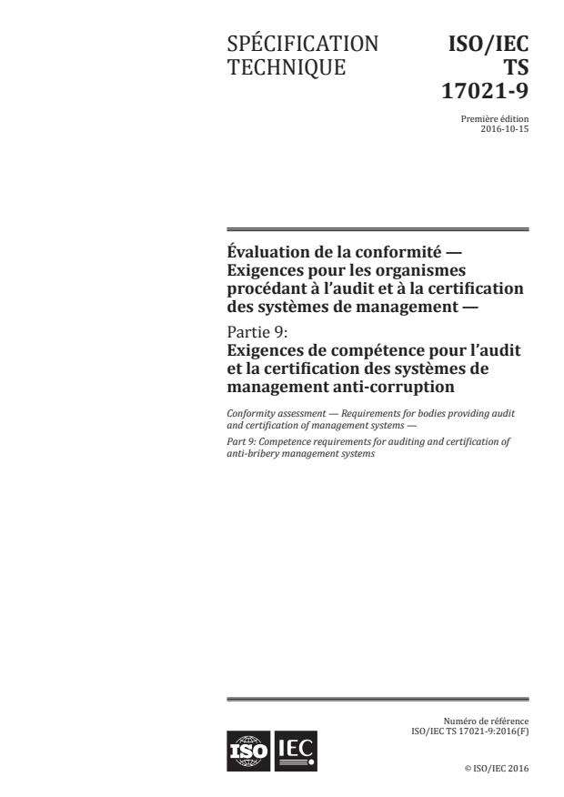 ISO/IEC TS 17021-9:2016 - Évaluation de la conformité -- Exigences pour les organismes procédant a l'audit et a la certification des systemes de management
