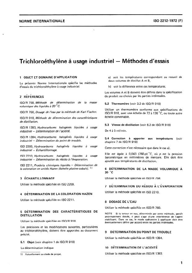 ISO 2212:1972 - Trichloroéthylene a usage industriel -- Méthodes d'essais